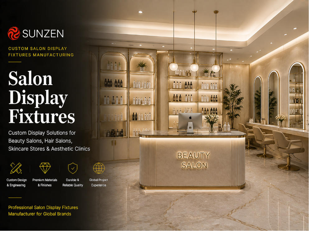 Luxury custom salon display fixtures manufactured by SUNZEN for beauty salons hair salons skincare stores and aesthetic clinic retail interiors